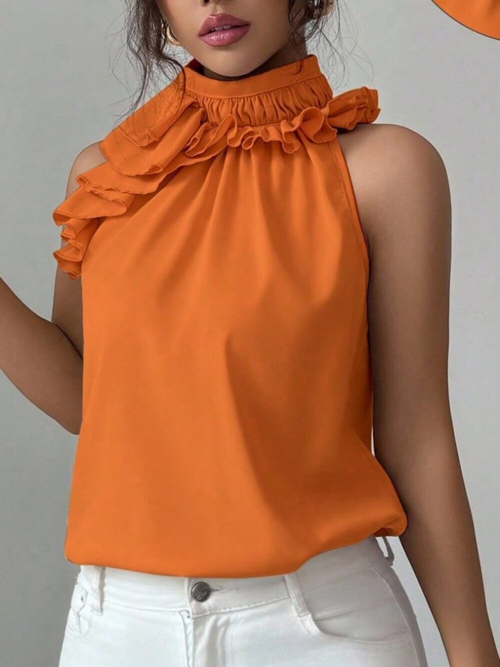 Orange Casual Women's Ruffle Sleeveless Blouse - Picture 4 of 7
